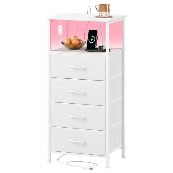 Eunos White Dresser for Bedroom, 4 Drawer Nightstand with Charging Station, LED and Open Shelf