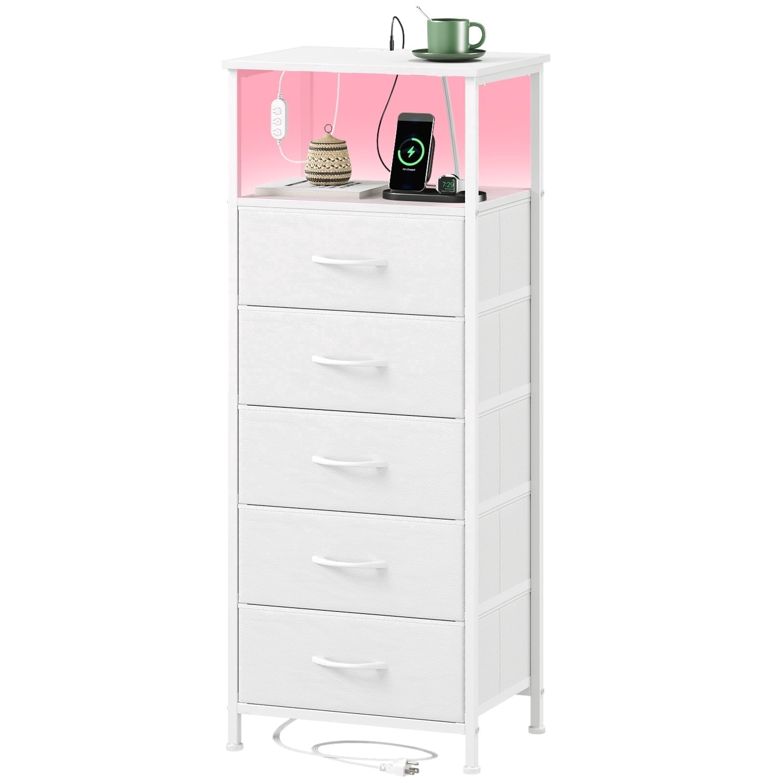 Eunos White Dresser for Bedroom, 5 Drawer Nightstand with Charging Station, LED and Open Shelf