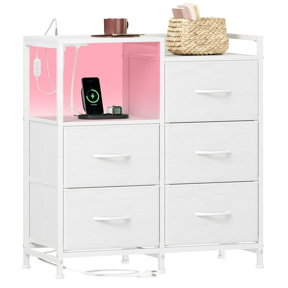 Eunos 5 Wide White Drawers Dresser with Charging Station and Open Shelf for Bedroom Closet Dorm