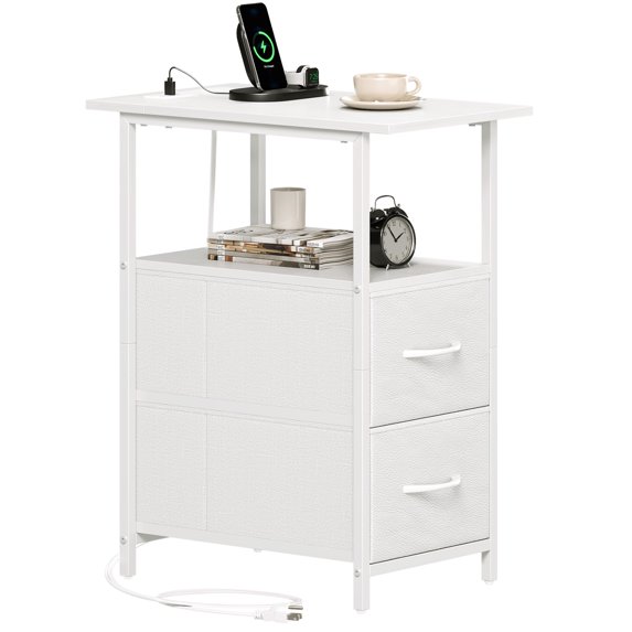 Eunos White Long End Table with Charging Station, Nightstand with Open Shelf, 2 Fabric Drawer