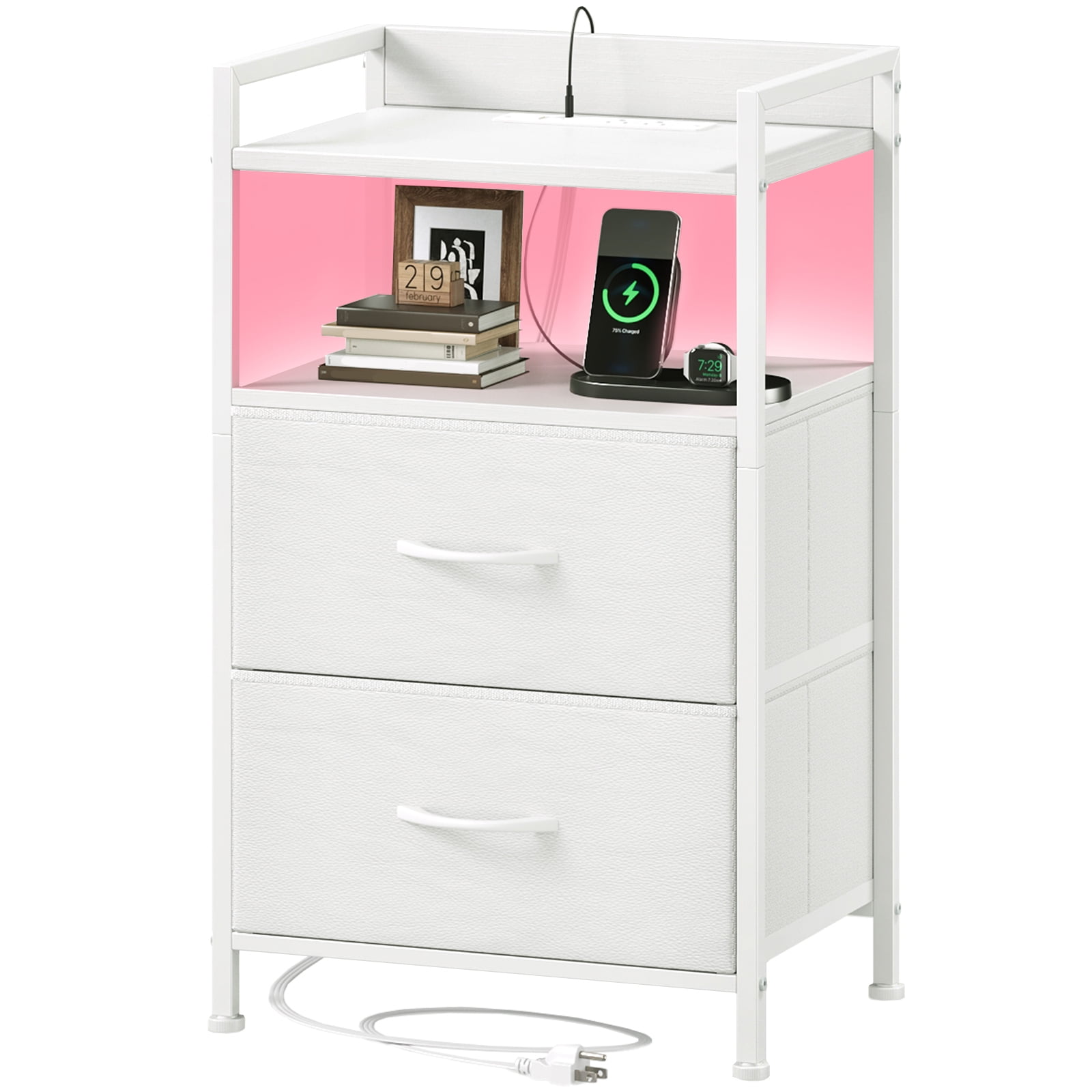 Free Shipping! Eunos White Small Nightstand with Charging Station, LED ...