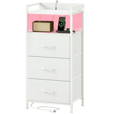 Eunos White Small Nightstand with Charging Station, 3 Fabric Drawer Dresser for Bedroom with LED and Handle