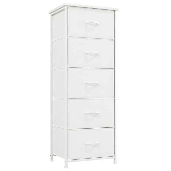 Eunos White Tall Dresser for bedroom, 5 Vertical Fabric Drawers Nightstand, Living Room Hallway
