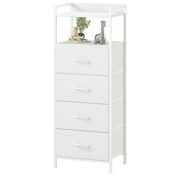 Eunos White Tall Nightstand, 4 Vertical Fabric Drawer Dresser for Bedroom, Living Room, Hallway