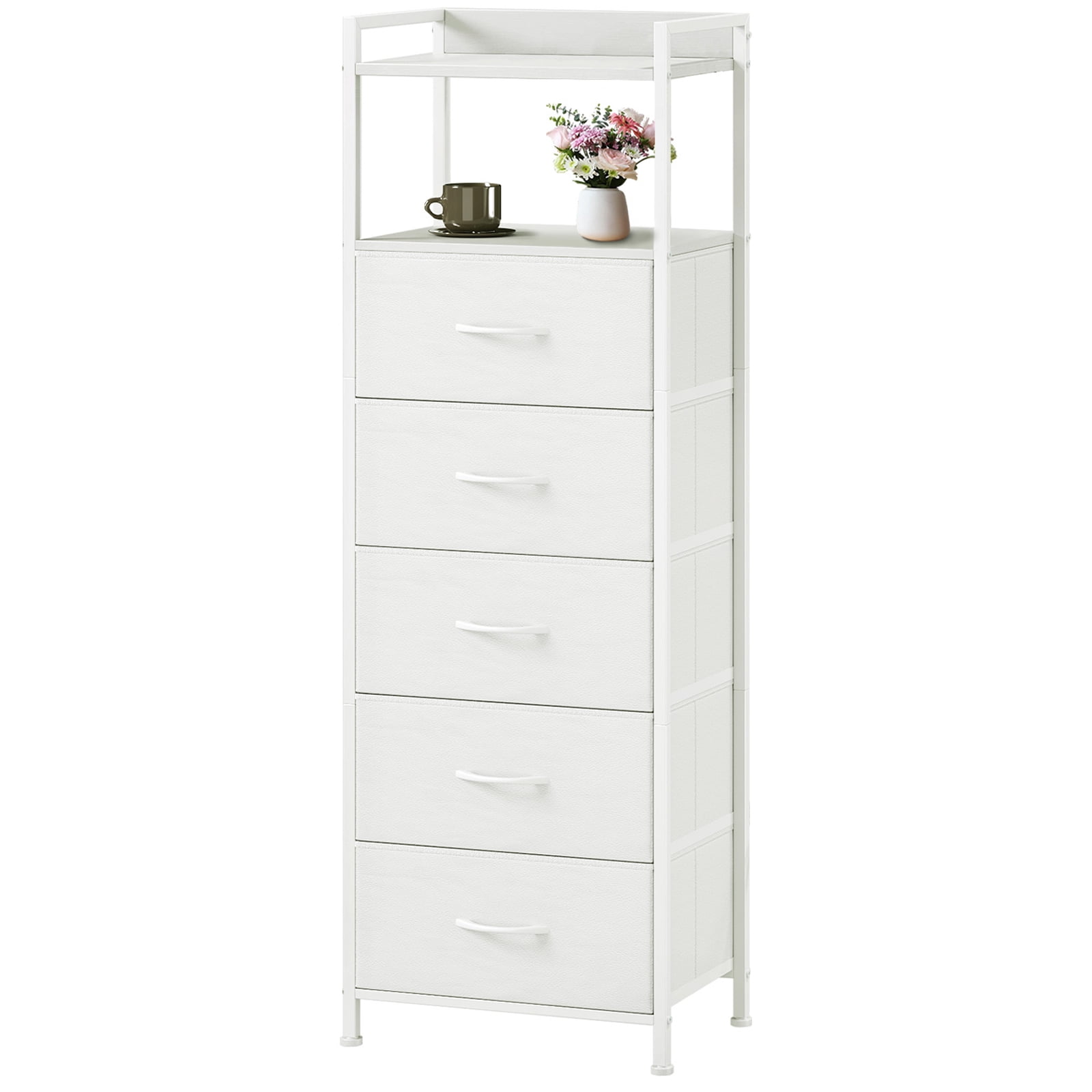 Eunos White Tall Nightstand, 5 Vertical Fabric Drawer Dresser for Bedroom, Living Room, Hallway