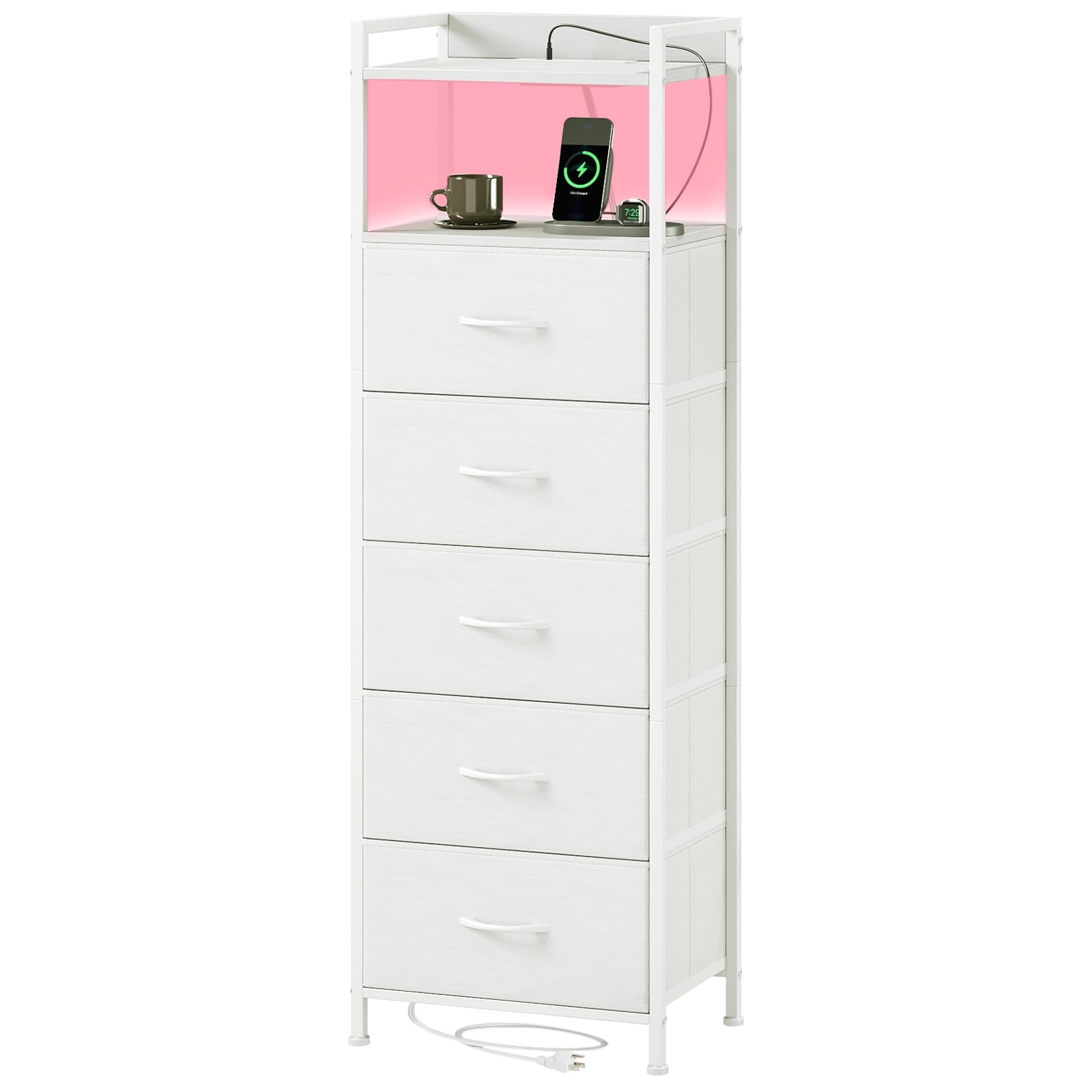 White Leather Vertical 5-Drawer Dresser with LED and Charging Station