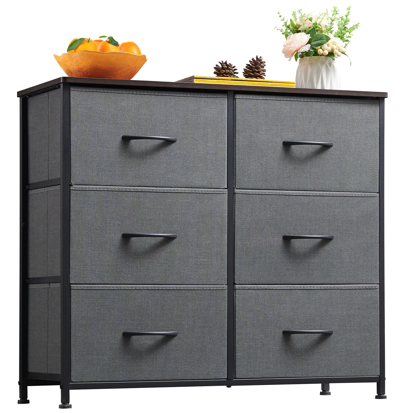 Somdot Wide 6drawer Dresser, 3Tier Storage w/ Removable Fabric Bins for Rooms, Gray