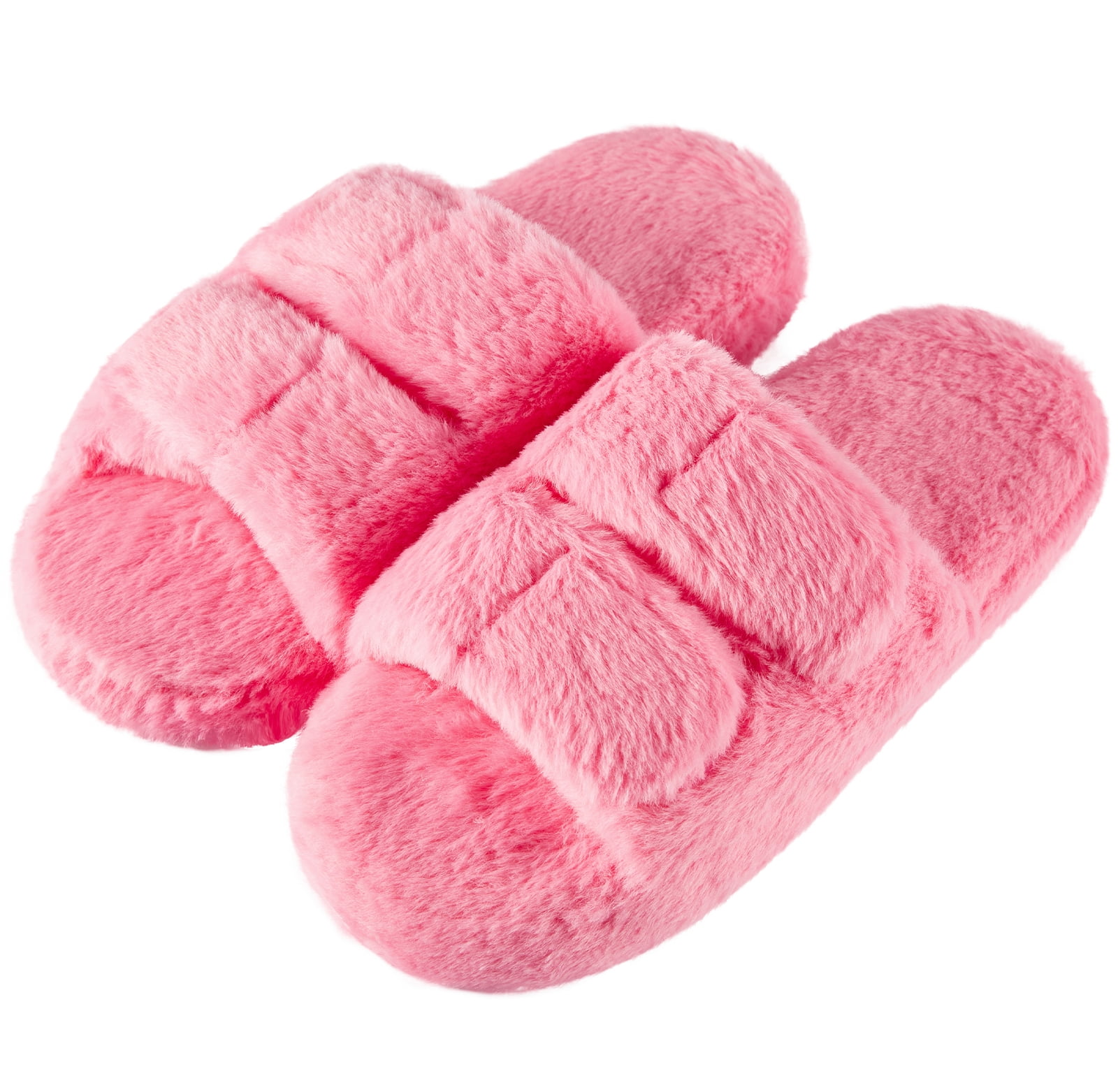 Somdot Women's Fuzzy Slippers Plush Velcro Open Toe Slides Cozy Thick ...