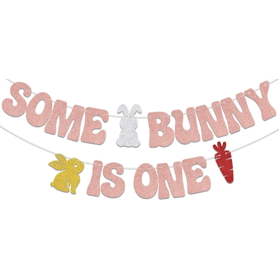 Some Bunny Is One Banner, Bunny 1st Birthday Party Decoration Kit for Easter Baby Shower and Spring Theme Holiday Celebration, Rose Gold Silver Red