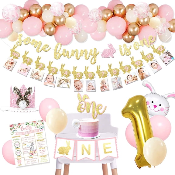 First Birthday Party Supplies Set, Some Bunny Is One Bunny Theme Decorations for Baby Girls, Banner and Spring Easter Rabbit Decor, 1st Birthday