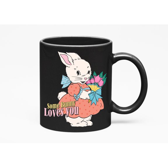 Some Bunny Loves You, Cute Retro Rabbit Art or Easter Sunday Merch Gift, Black 11oz Ceramic Mug