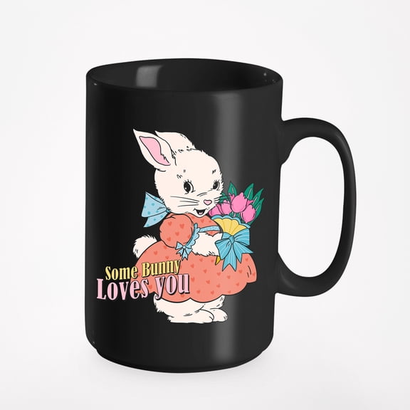 Some Bunny Loves You, Cute Retro Rabbit Art or Easter Sunday Merch Gift, Black 15oz Ceramic Mug