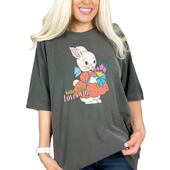 Some Bunny Loves You, Cute Retro Rabbit Art or Easter Sunday, Pepper Comfort Colors T-Shirt, Medium