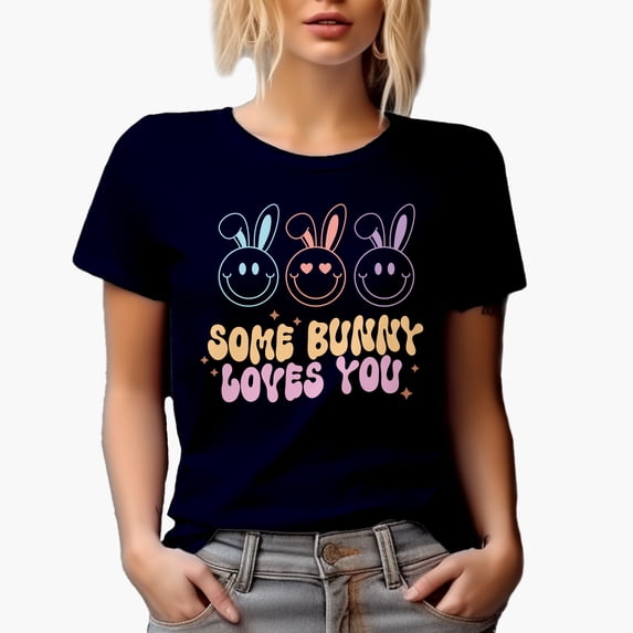 Some Bunny Loves You, Retro Easter Sunday Rabbit Art Favor or Merch Gift, Navy Blue T-Shirt, 2XL