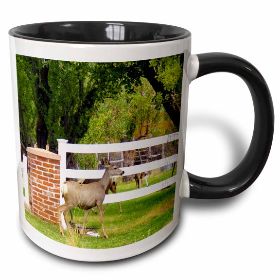 3drose, Some Deer Near a White Picket Fence in Pine Valley on Main St., 11oz Two-tone Black Mug