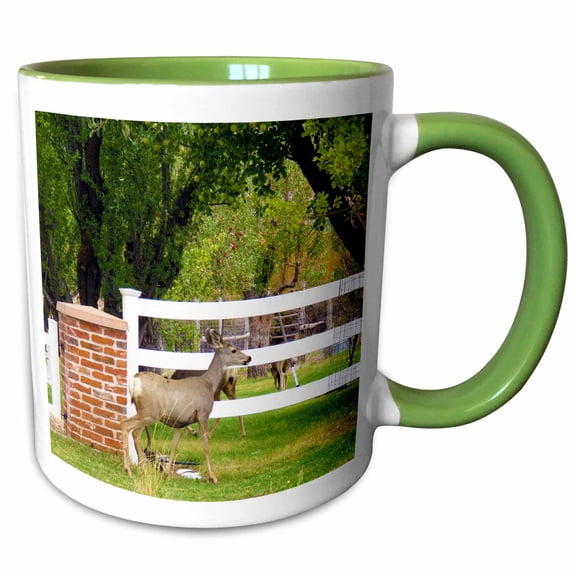 3drose, Some Deer Near a White Picket Fence in Pine Valley on Main St., 11oz Two-tone Green Mug