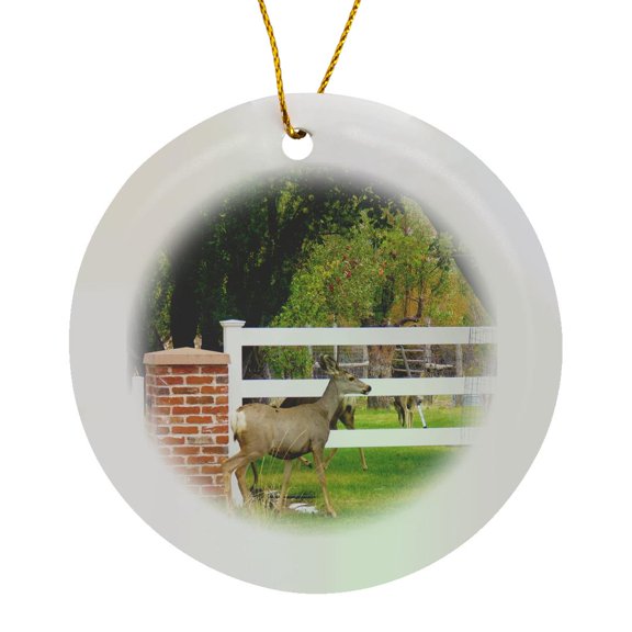 3drose, Some Deer Near a White Picket Fence in Pine Valley on Main St., Circle Porcelain Ornament