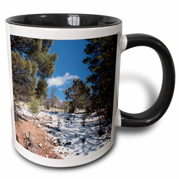 3drose, Some Snow in the Dixie National Forest of Utah with Pines, 11oz Two-tone Black Mug
