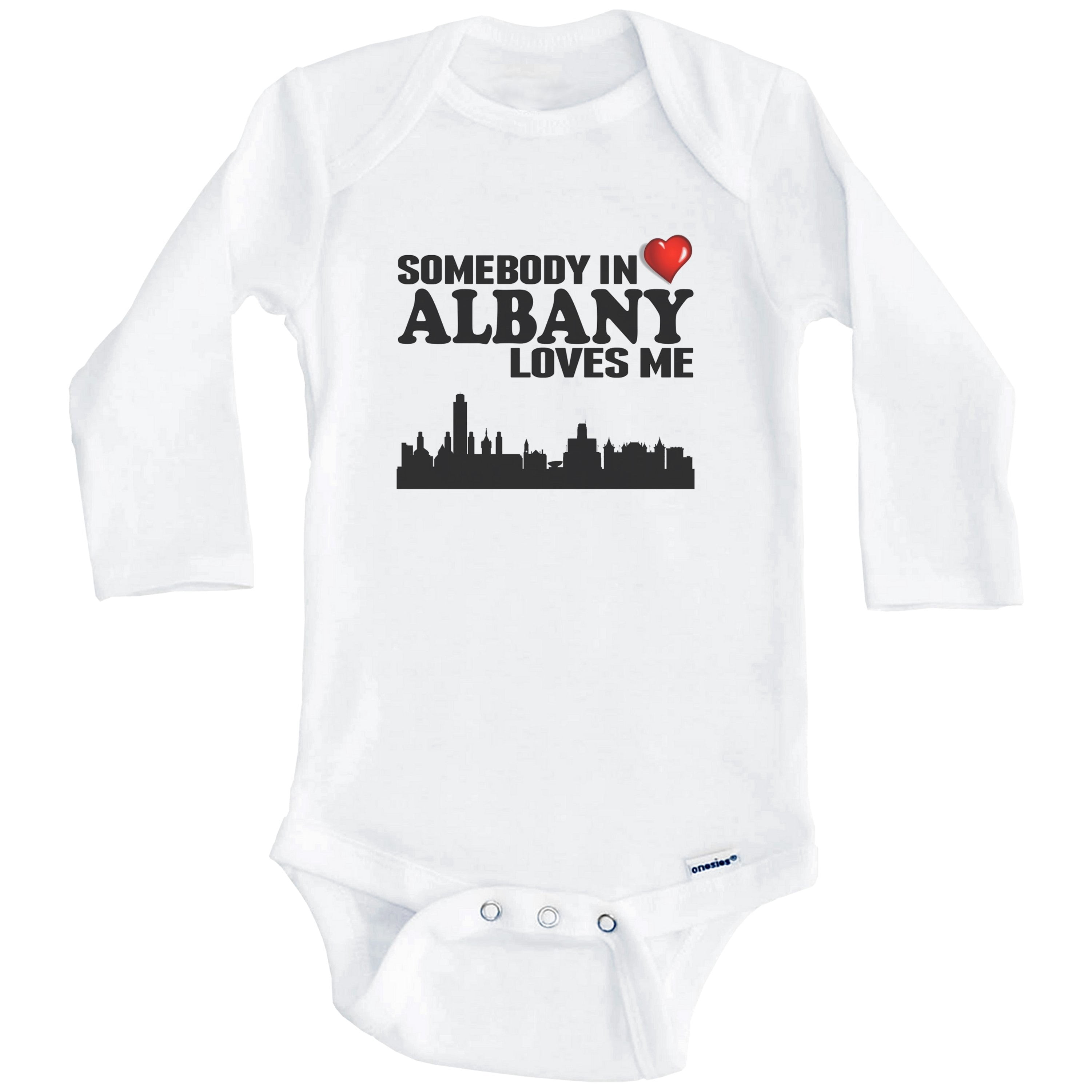 Somebody In Albany Loves Me One Piece Baby Bodysuit (Long Sleeve), 6-9 Months White