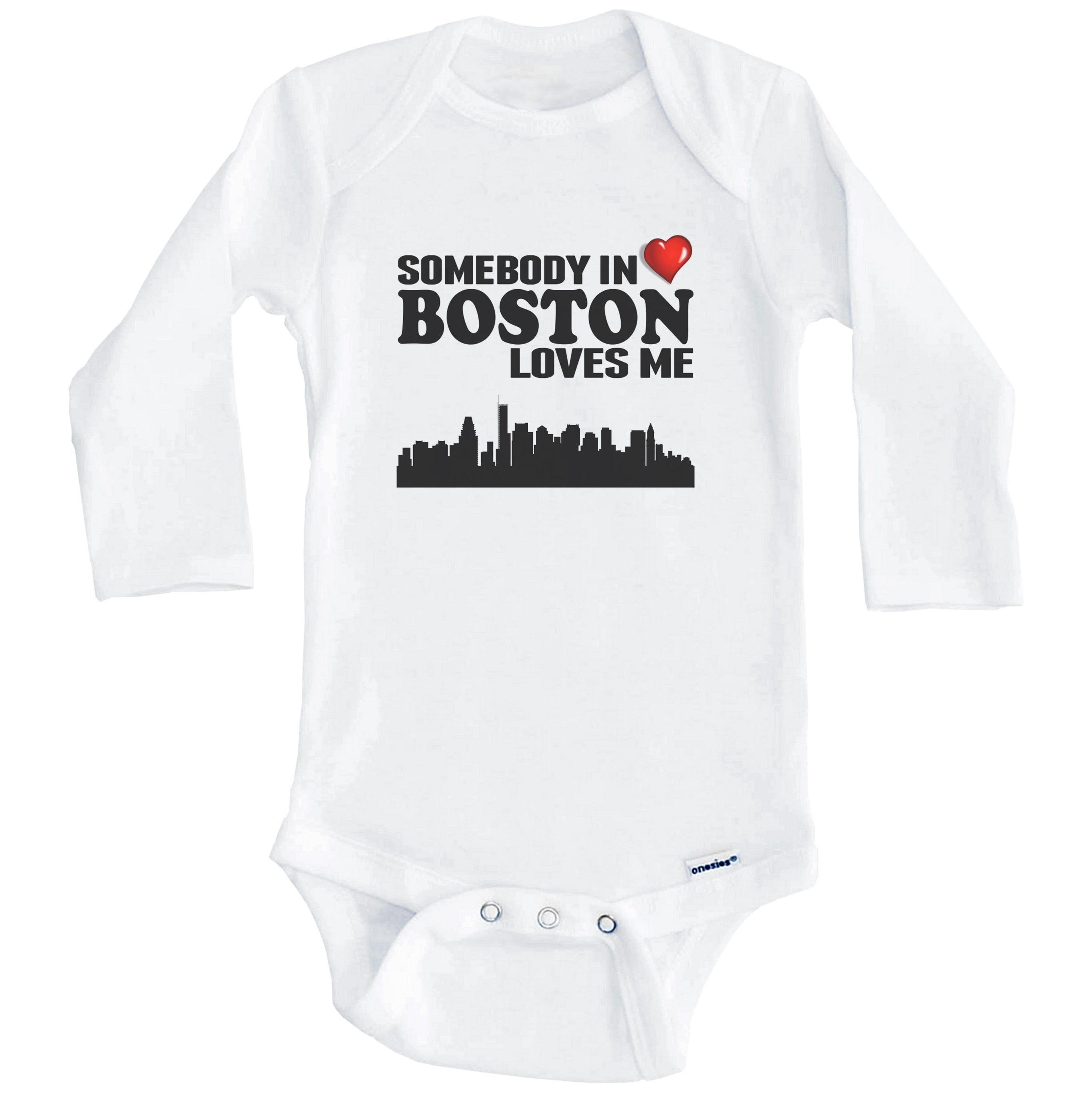 Somebody In Boston Loves Me One Piece Baby Bodysuit (Long Sleeve), 3-6 Months White