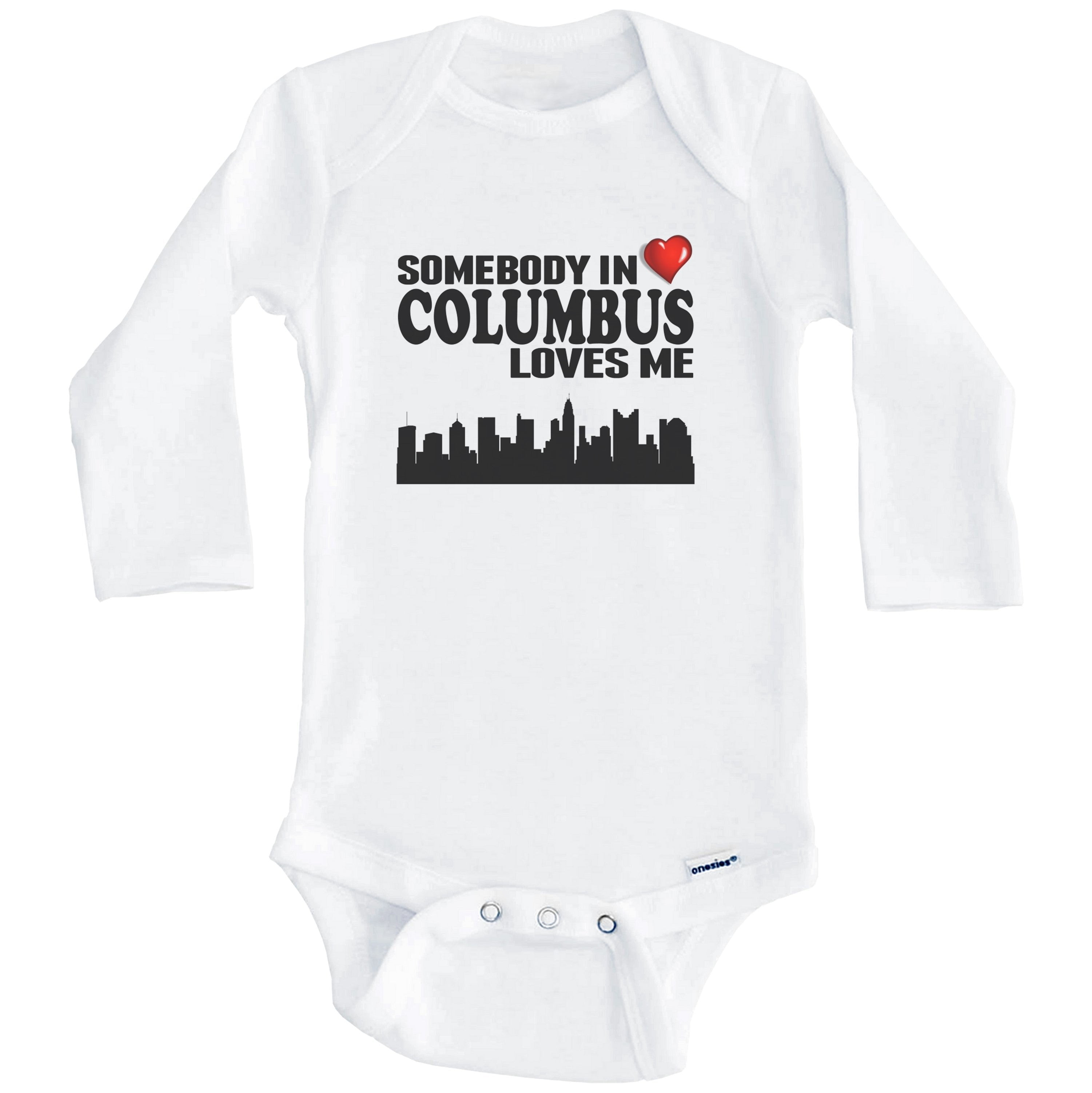Somebody In Columbus Loves Me One Piece Baby Bodysuit (Long Sleeve), 0-3 Months White