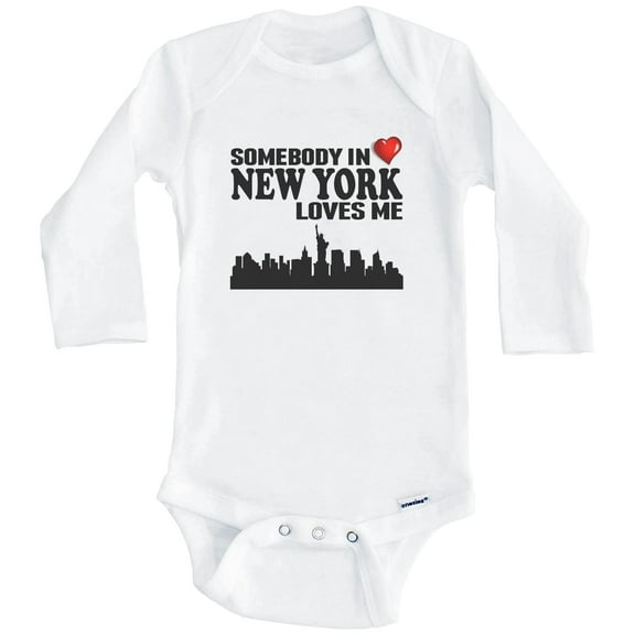 Somebody In New York Loves Me One Piece Baby Bodysuit (Long Sleeve), 0-3 Months White