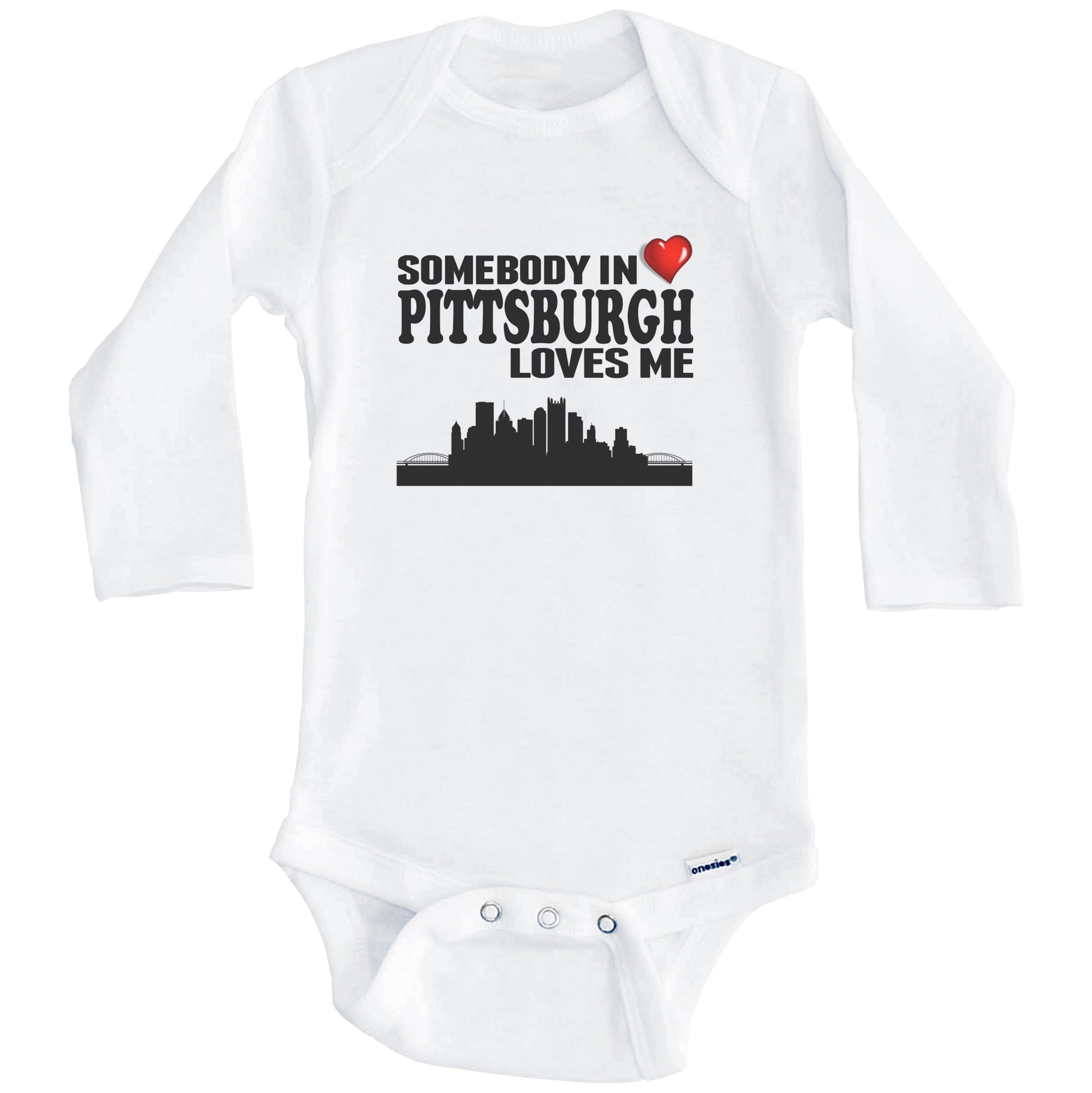Somebody In Pittsburgh Loves Me One Piece Baby Bodysuit (Long Sleeve), 6-9 Months White