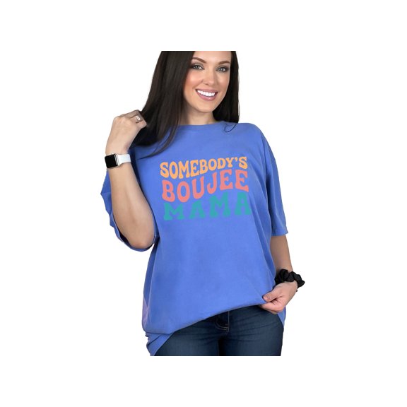 Somebody's Boujee Mama, Mother's Day Themed Quote, Groovy Retro Wavy Text, Flo Blue Comfort Colors T-Shirt, 3XL