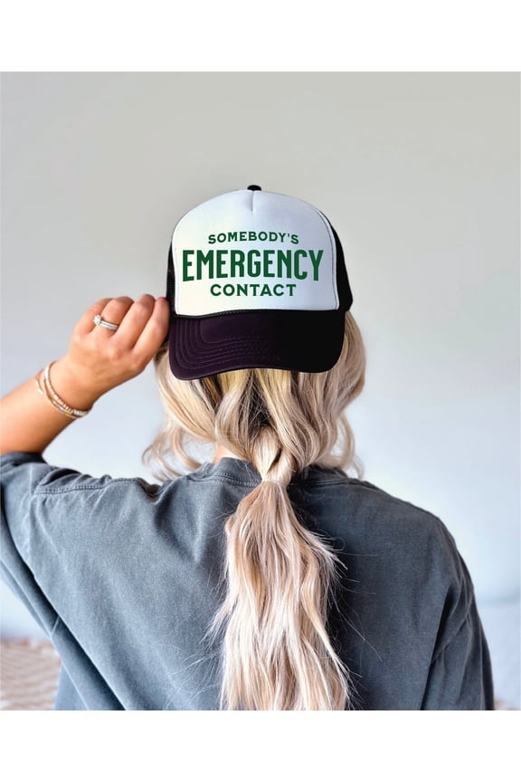 Designs Emergency Contact Black and White Unisex Foam Trucker Hat