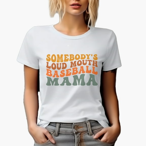Somebody's Loud Mouth Baseball Mama, Groovy Retro Wavy Text Merch Gift, White T-Shirt, Small