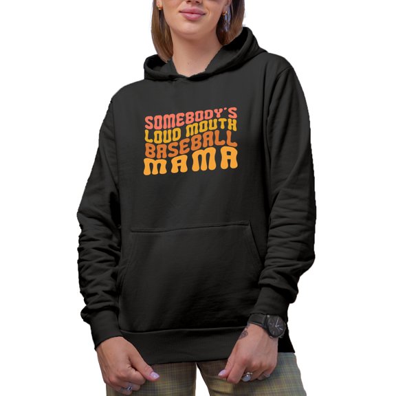 Somebody's Loud Mouth Baseball Mama, Mom of a Player Themed, Groovy Retro Wavy Text Merch Gift, Black Hooded Sweatshirt or Hoodie, Large