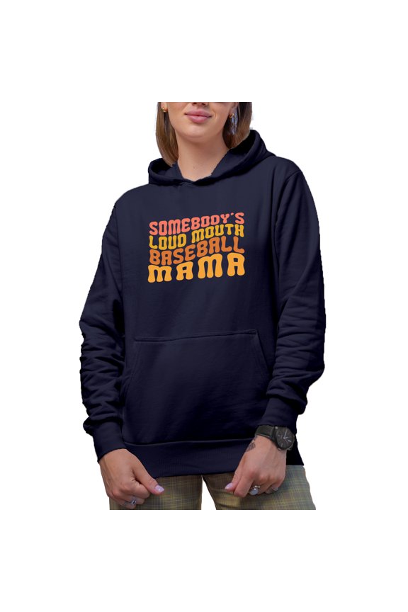 Somebody's Loud Mouth Baseball Mama, Mom of a Player Themed, Groovy Retro Wavy Text Merch Gift, Navy Blue Hooded Sweatshirt or Hoodie, 3XL