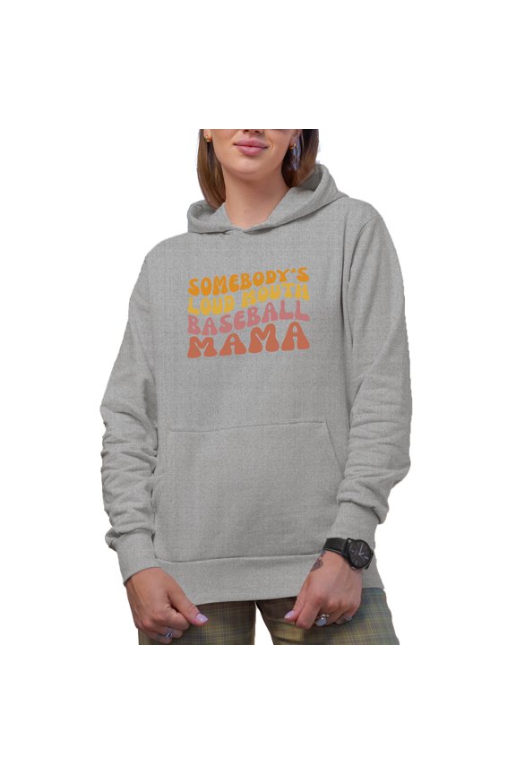 Somebody's Loud Mouth Baseball Mama Quote, Groovy Retro Wavy Text Merch Gift, Heather Grey Hooded Sweatshirt or Hoodie, Medium