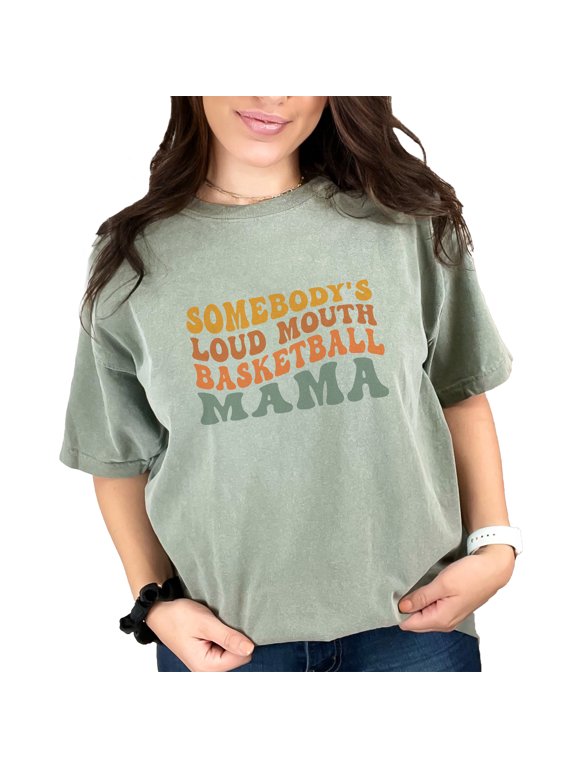 Somebody's Loud Mouth Basketball Mama, Mom of a Player & Sports Themed, Groovy Retro Wavy Text, Moss Comfort Colors T-Shirt, Medium