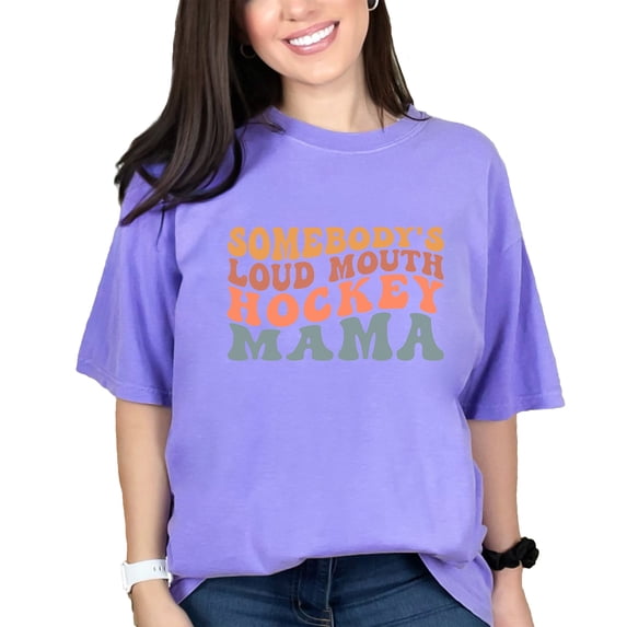 Somebody's Loud Mouth Hockey Mama, Sports Themed, Groovy Retro Wavy Text, Violet Comfort Colors T-Shirt, 3XL