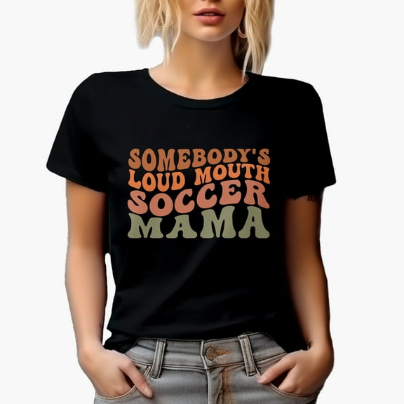 Somebody's Loud Mouth Soccer Mama, Mom of a Player Themed, Groovy Retro Wavy Text Merch Gift, Black T-Shirt, Small