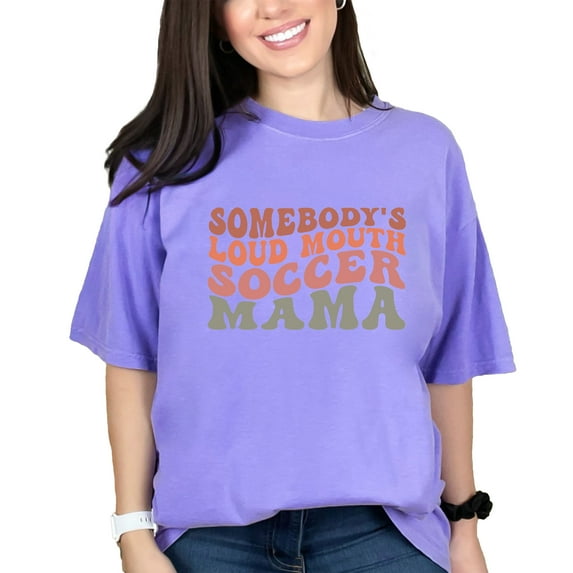 Somebody's Loud Mouth Soccer Mama, Mom of a Player Themed, Groovy Retro Wavy Text, Violet Comfort Colors T-Shirt, 3XL