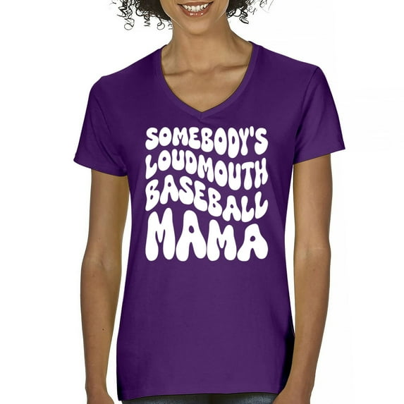Somebody's Loudmouth Baseball Mama Women's V-Neck T-shirt Proud Mom Cheer Support Game Day Funny Sports Vintage Retro Tee