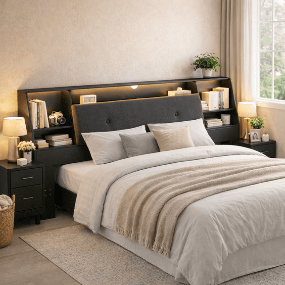 Someet 2 in 1 Removable Upholstered Panel Boookcase Headboard with Charging Station & Light, King Headboard with Storage, Black