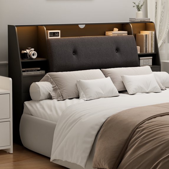 Someet 2 in 1 Queen Size Removable Upholstered Bookcase Headboard with 2 USB & 2 Type-C Port & Power Outlets & LED Light, Black