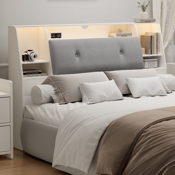 Someet 2 in 1 Queen Size Removable Upholstered Bookcase Headboard with 2 USB & 2 Type-C Port & Power Outlets & LED Light, White