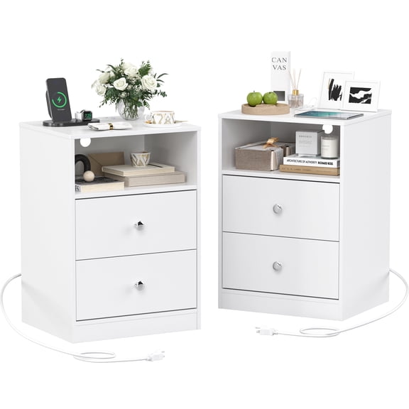Someet 2PC LED Nightstand with Charging Station and 2 USB Ports, End Tables with 2 Storage Drawers for Bedroom Living Room, White