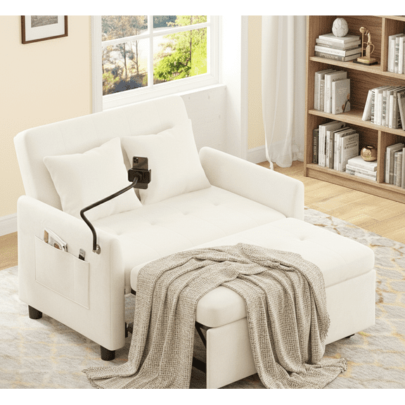 Someet 46.5" 3 in 1 Convertible Sleeper Sofa Bed, Pull Out Loveseat Couch with Phone Mount and Adjustable Backrest, Sleeper Couches with Storage, Beige