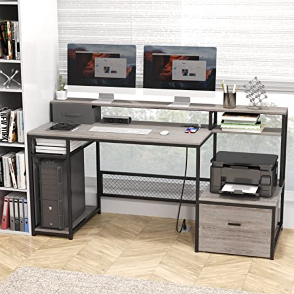 Utun 66 Computer Someet Office Desk with Power Outlets and Cabinet, Modern Simple Style ...