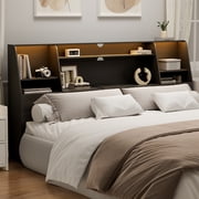 Someet King Headboard with Storage, Bookcase Headboards with 2 USB & 2 Type-C Port & Power Outlets & LED Light, Durable and Sturdy, Black