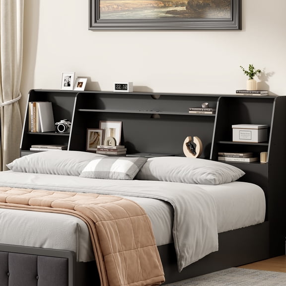 Someet King Headboard with Storage, Bookcase Headboards with 2 USB & 2 Type-C Port & Power Outlets & LED Lights, Height Adjustable, Black