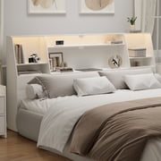 Someet King Headboard with Storage, Bookcase Headboards with 2 USB & 2 Type-C Port & Power Outlets & LED Light, Durable and Sturdy, White