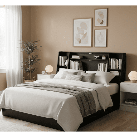 Someet Queen Headboard with Storage, Boookcase Headboards with Charging Station & Light, Height Adjustable, Sturdy and Durable for Queen Size Bed, Black