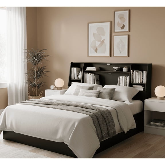 Someet Queen Headboard with Storage, Boookcase Headboards with Charging Station & Light, Height Adjustable, Sturdy and Durable for Queen Size Bed, Black