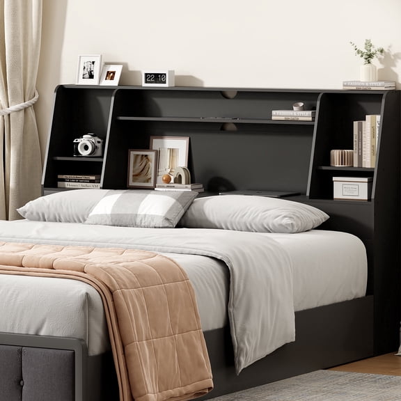 Someet Queen Headboard with Storage, Bookcase Headboards with 2 USB & 2 Type-C Port & Power Outlets & LED Light, Durable and Sturdy, Black
